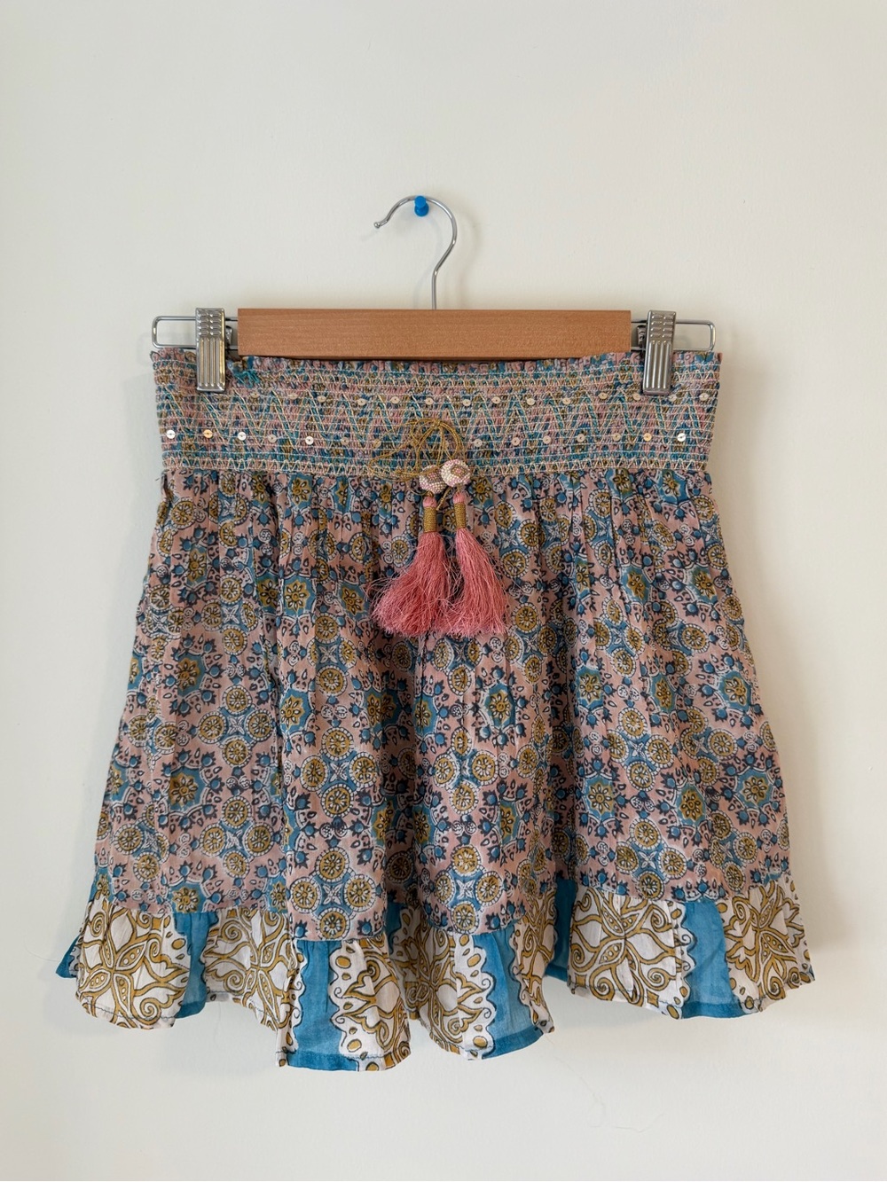 Boho Floral Smocked Circle Skirt with Tassel Detail - Blue & Tan